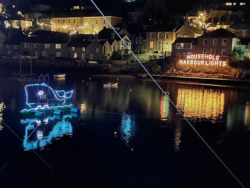 Mousehole harbour at Christmas.