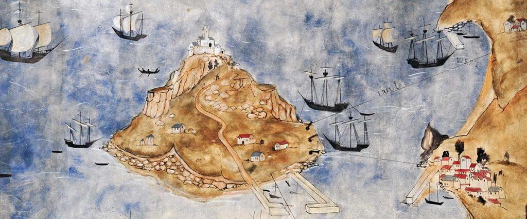 A historical illustration of St Michael's Mount.
