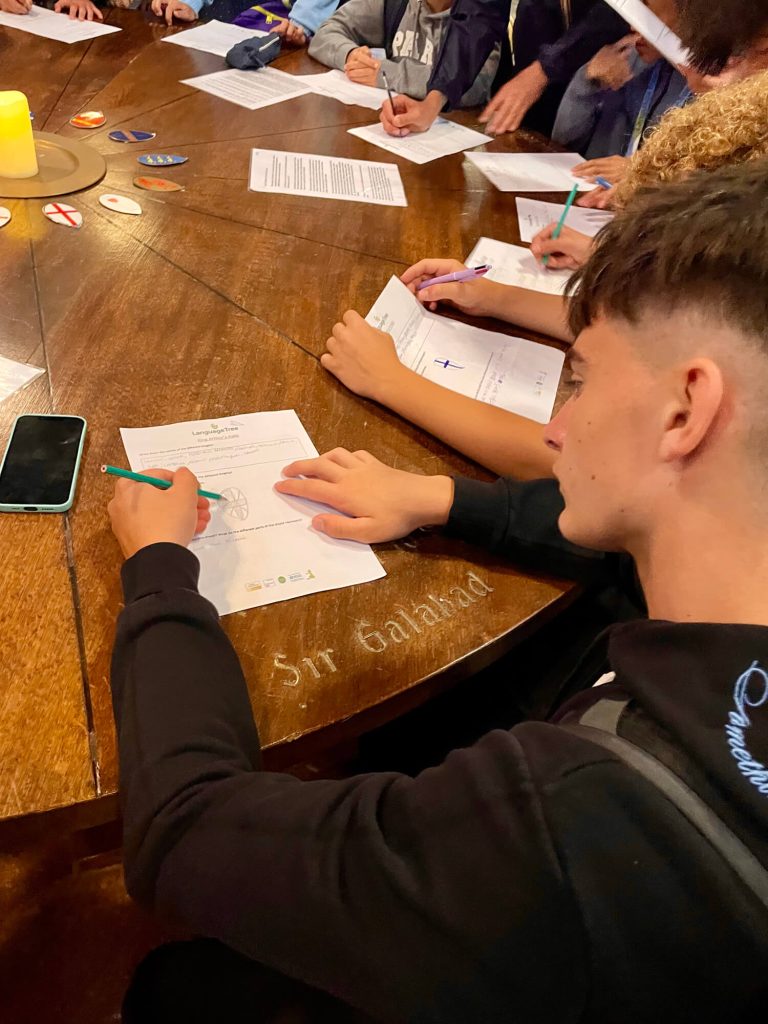 Students filling in worksheets at the Great Halls of King Arthur, Tintagel.